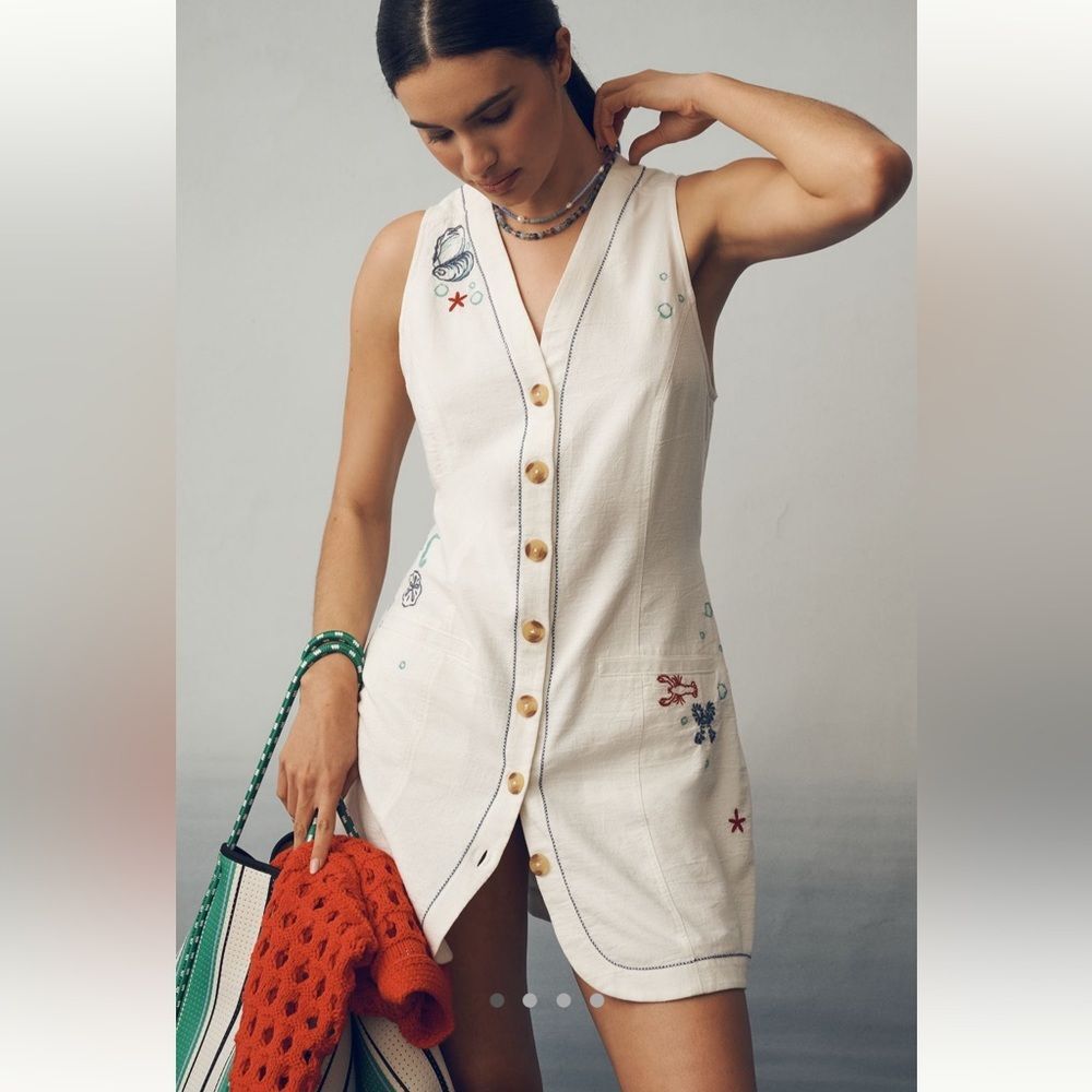 Anthropologie Sleeveless Linen-Blend V-Neck Button-Front Mini Dress